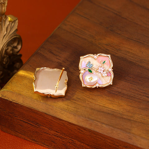 New Chinese-style Monet Garden Natural Pearl Oil Painting Flower Stud Earrings