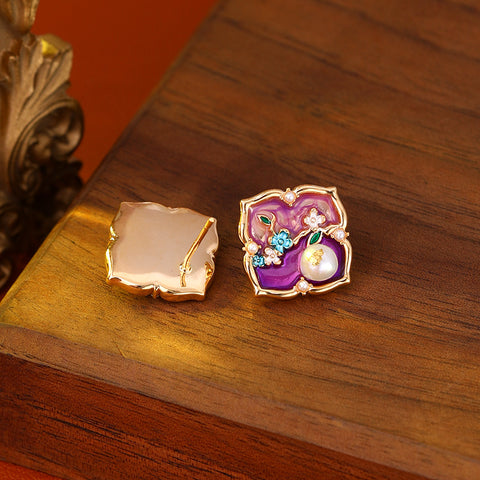 New Chinese-style Monet Garden Natural Pearl Oil Painting Flower Stud Earrings