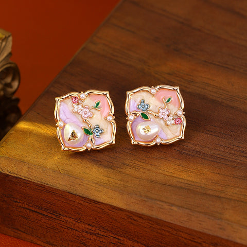 New Chinese-style Monet Garden Natural Pearl Oil Painting Flower Stud Earrings