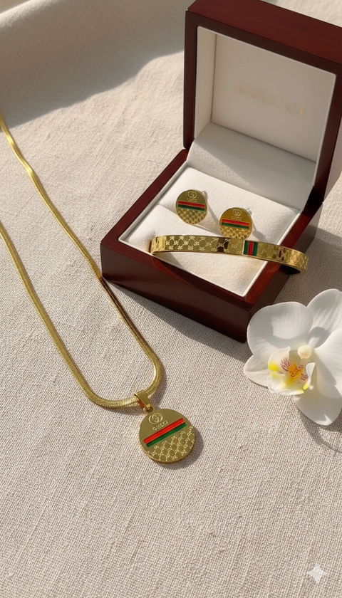 Gucci Inspired Gold Tone Jewelry Set (Bracelet, Earrings & Pendant)