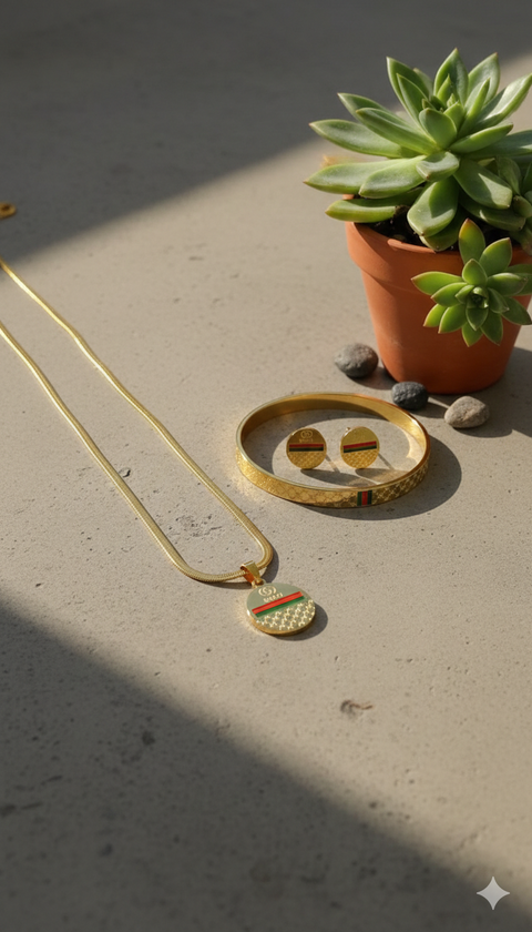 Gucci Inspired Gold Tone Jewelry Set (Bracelet, Earrings & Pendant)
