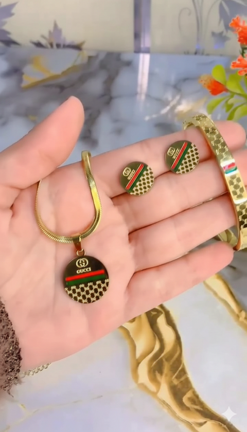 Gucci Inspired Gold Tone Jewelry Set (Bracelet, Earrings & Pendant)