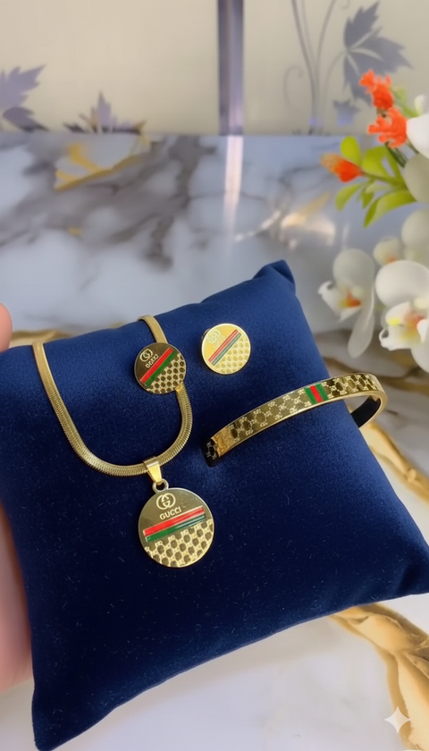 Gucci Inspired Gold Tone Jewelry Set (Bracelet, Earrings & Pendant)