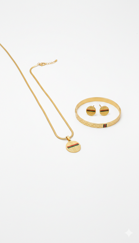 Gucci Inspired Gold Tone Jewelry Set (Bracelet, Earrings & Pendant)