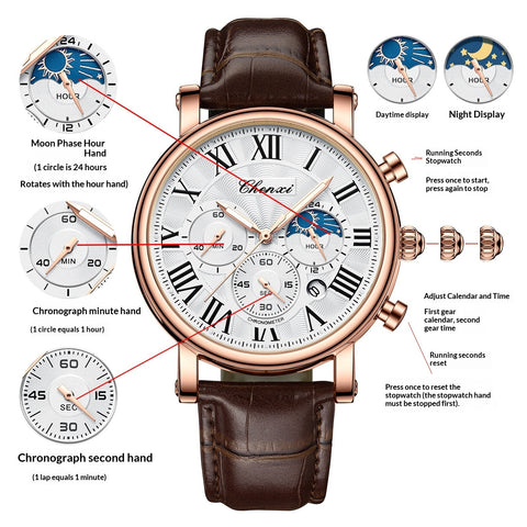Multifunctional Mens Business Moon Phase Calendar Waterproof Watch