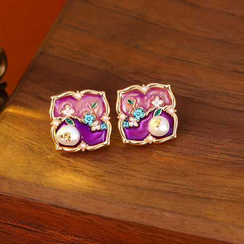 New Chinese-style Monet Garden Natural Pearl Oil Painting Flower Stud Earrings